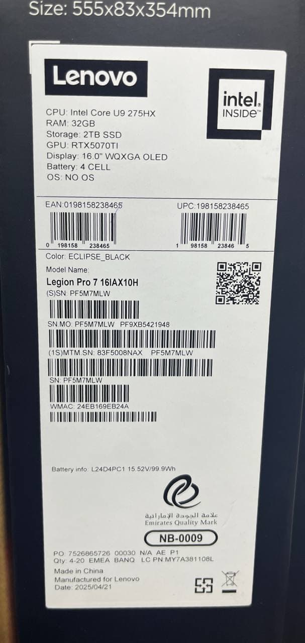 Lenovo Legion Pro 7 16IAX10H - (8NAX), Intel Core Ultra 9-275HX, RAM 32GB, SSD 2TB, NVIDIA RTX 5070 TI 12GB, 16.0 Inch WQXGA OLED 240Hz, Eclipse Black — thumbnail 9 of 9