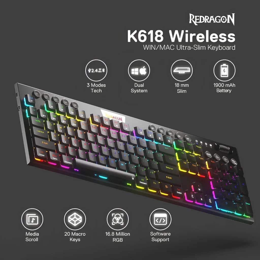 Redragon HORUS K618 Wireless Gaming Keyboard - Black — thumbnail 3 of 6